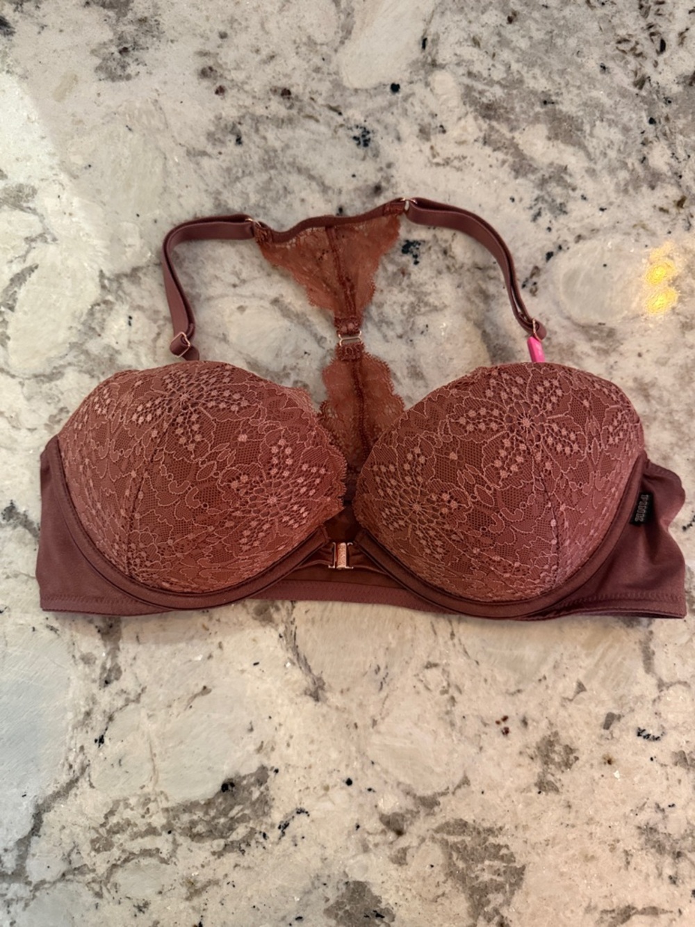 Victoria Secret PINK Lace Overlay Racerback Bra in Dusty Rose